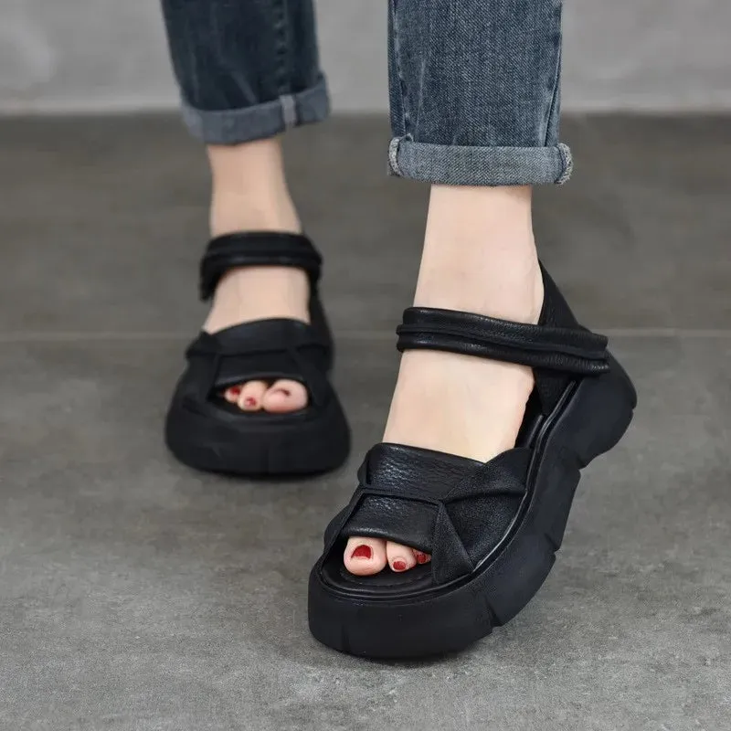 Johnature 2024 Retro Leather Peep Toe Sandals