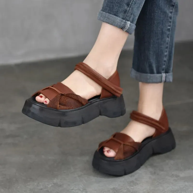 Johnature 2024 Retro Leather Peep Toe Sandals