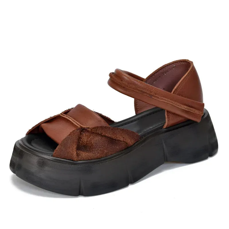 Johnature 2024 Retro Leather Peep Toe Sandals