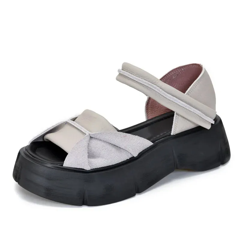 Johnature 2024 Retro Leather Peep Toe Sandals