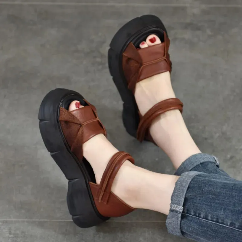 Johnature 2024 Retro Leather Peep Toe Sandals