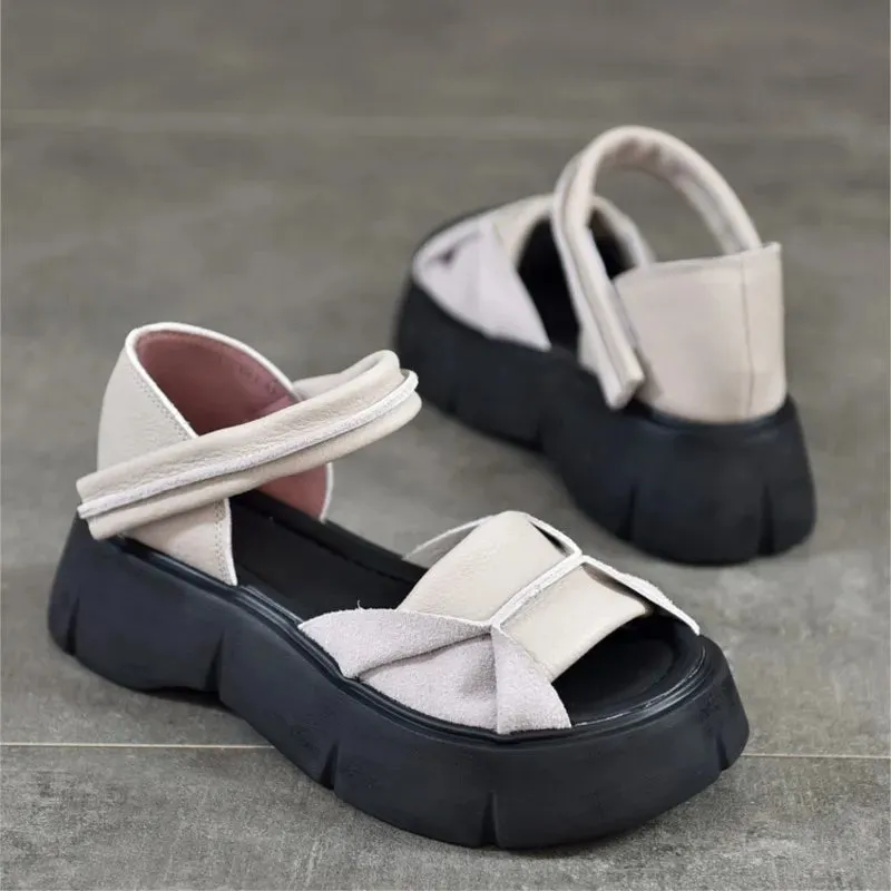 Johnature 2024 Retro Leather Peep Toe Sandals
