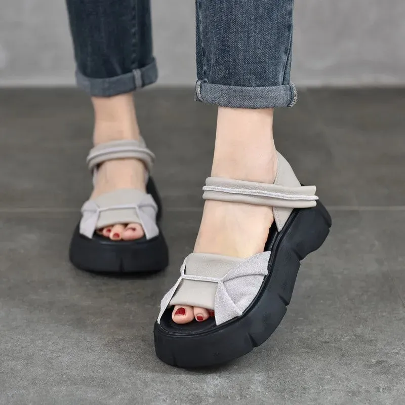 Johnature 2024 Retro Leather Peep Toe Sandals