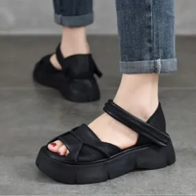 Johnature 2024 Retro Leather Peep Toe Sandals