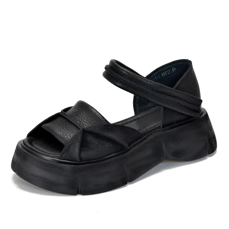 Johnature 2024 Retro Leather Peep Toe Sandals