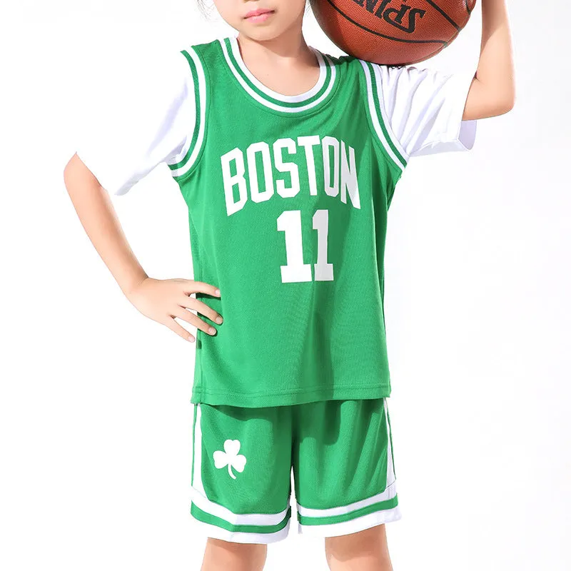 Kids Boston Basketball Jersey No.11 Green Bball Shorts and Shirt Kits for Boys Girls