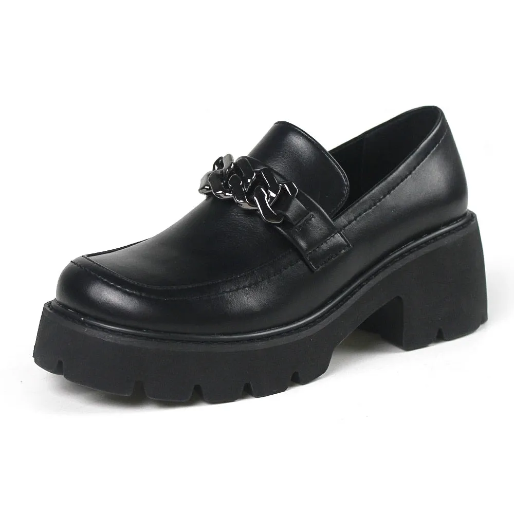 Women Vintage Loafers Chunky Genuine Leather Shoes