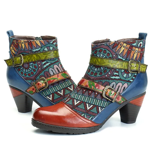 Zalor Bohemian Splicing Pattern Block Buckle Ankle Leather Boots