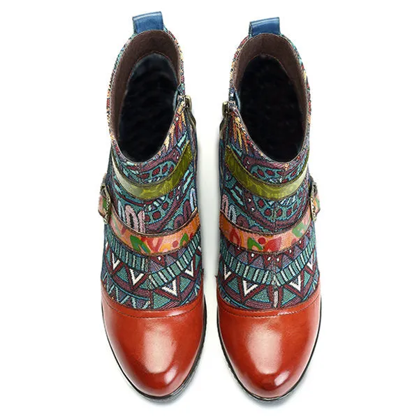 Zalor Bohemian Splicing Pattern Block Buckle Ankle Leather Boots