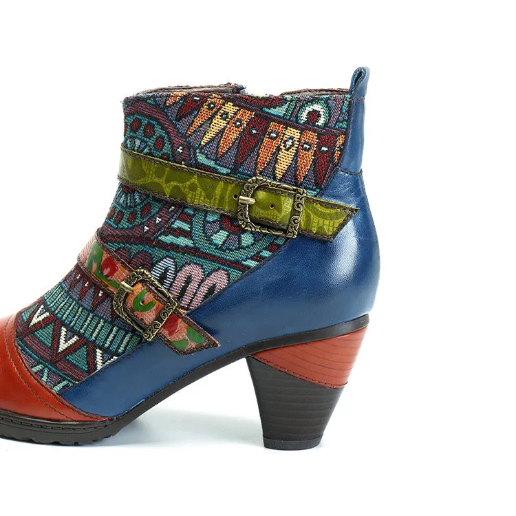 Zalor Bohemian Splicing Pattern Block Buckle Ankle Leather Boots